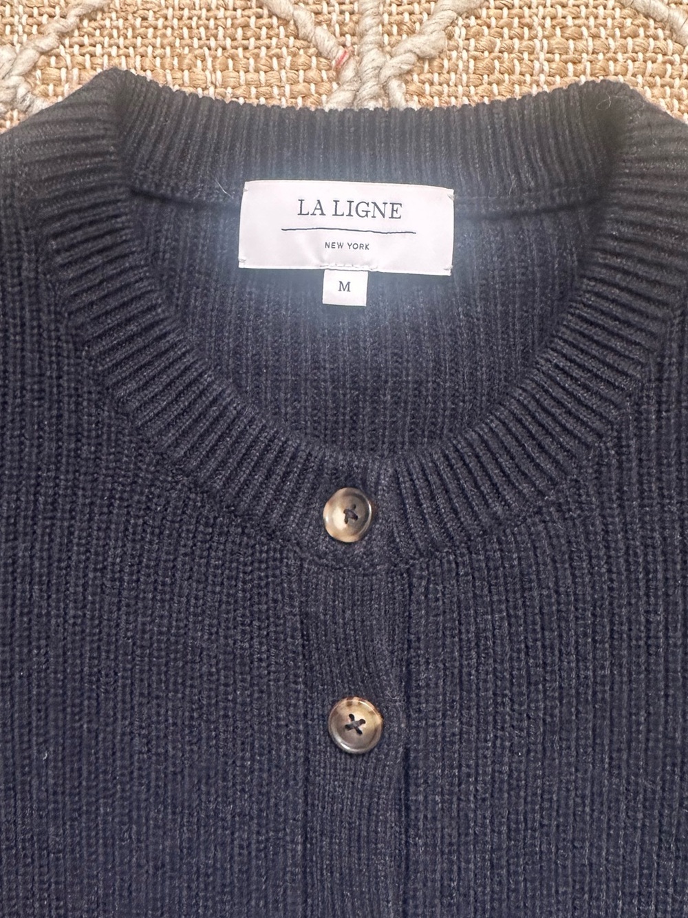 La Ligne Ribbed Flare Cardigan Sweater Peplum Navy Blue Medium - Picture 2 of 9